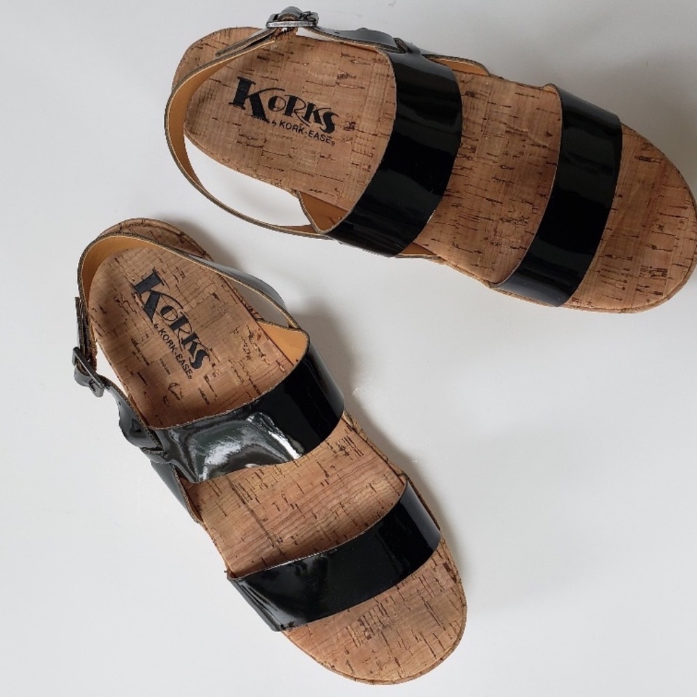 Kork by Kork-Ease Ladies Platform Flat Sandals, Size 7M, Black Patent